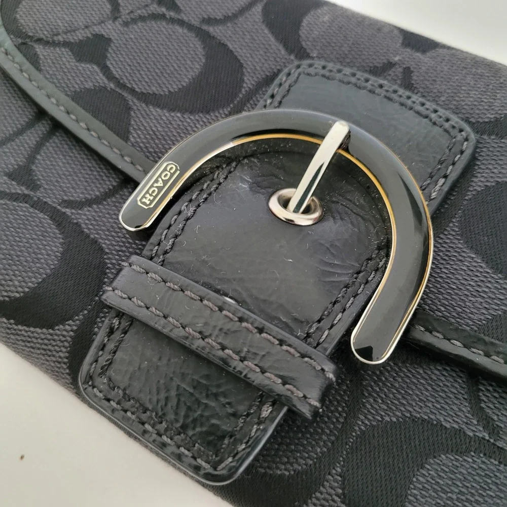 Coach Signature C Buckle Slim Envelope Wallet Black Gray Jacquard